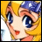 Pixelated anime-style character with blonde hair and blue eyes, wearing a blue headpiece, next to stylized text on a black background.