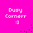 Bright pink background with four identical pixelated text blocks reading "Dusy Cornerr :]") and scattered black dots in different positions across the frame.