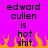 Pixelated text on a bright purple background with orange flame graphics at the bottom, displaying 'edward cullen is hot shit' in two identical mirrored sections.