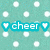 Pixelated teal background with white circular dots and a central cyan banner displaying 'cheer' flanked by two heart symbols.
