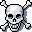 Pixelated skull and crossbones icon with black, white, gray, and blue tones on a transparent background.