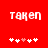 Red background with white pixelated text 'TAKEN' above two of white and pink pixelated symbols