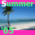 Animated beach scene with palm tree, ocean waves, and text elements cycling through color variations.
