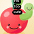 Pixelated red cherry with smiling face, green worm on right side, and black text boxes above the cherry.