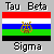 Pixelated graphic with horizontal stripes and text above and below a central symbol.