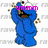 Blue cartoon character with brown nose and white eyes covers mouth with both hands, surrounded by brown crumbs, with pink text above head.