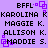 Purple background with black text listing names and 'BFFL' repeated, accompanied by purple square-shaped animations.