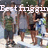 A pixelated group of people standing outdoors with text overlays changing across frames, showing partial phrases like 'Best higgin', 'people', and 'EVER' in white serif font.