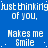 Blue background with repeated white text "Just thinking of you." and "Makes me Smile" in a pattern, some text partially obscured by a gray rectangle