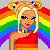 Pixel art contact sheet showing multiple frames of an animated rainbow-themed doll icon with text elements and repeated character poses.