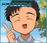 Anime-style character with dark hair and a striped collar shirt, winking while holding up one finger against a blue sky background.
