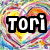 A colorful pixelated image with four heart-shaped sections, each containing text or symbols on a swirling rainbow background.