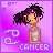 A 4-frame animated contact sheet of a pixel art character with dark curly hair, yellow skin, and purple eyes against a pink gradient background featuring the Cancer zodiac symbol and text.