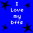 Blue background with black star shapes and repeated white text "I Love my bffs" in pixelated font.