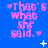 Blue background with repeated pink text "That's what she said." in pixelated font, surrounded by small white stars and dots.