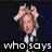 six pixelated frames showing a person with light brown hair in a dark suit and white shirt, hands raised near head, with text overlays reading 'who says you need to act your age?'