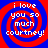 Four identical pixelated spiral patterns with red and blue concentric rings, each containing white text reading "i love you so much courtney!" on a solid background.