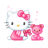 Pixelated Hello Kitty character with pink bow and boots holding a small pink teddy bear, surrounded by faint pink sparkles on white background.
