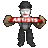 Pixelated character in black attire holds red banner reading ARTISTS, with visible background variations across frames.