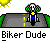 Pixel art animation of a biker character on a road with changing background elements and text below.