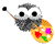 Animated owl with gray body and white eyes holds a paint palette, alternating between holding a brush in its beak and not.
