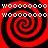 Four red and black spiral patterns arranged in a with white text repeating 'WOOOOOOO' across the top and bottom