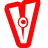 A red triangular shape with a circular target-like center and vertical line, alongside scattered gray pixelated text fragments on a white background.