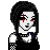 Pixel art contact sheet showing three frames of an animated gothic-themed icon with a character, text boxes, and skull motifs.