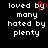 Black background with white pixelated text reading "loved by many hated by plenty" and a red heart symbol replacing the 'y' in "by" on the left side.