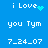 Blue background with white pixelated text and animated cyan elements; text reads "i Love" with a heart, "you Tym," and "7_24_07" in multiple
