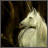 Static 48x48 pixel icon showing a stylized white unicorn head against dark brown background with visible dithering and low-resolution rendering artifacts.
