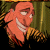 Pixelated orange cartoon character with wide eyes and a broad toothy grin, holding a yellow object against a dark green background.