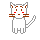 Pixelated white cat with brown stripes on head and tail, red eyes, and brown whiskers in six distinct poses against gray background.
