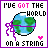Pixelated globe with purple ribbon and text "I'VE GOT THE WORLD ON A STRING" in black and pink, featuring animated heart variations.
