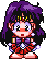 Pixel art character with purple hair and red outfit in multiple poses showing slight variations.