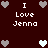 Dark red background with white text "I Love Jenna" and pixelated heart icons in gray and light blue.