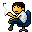 Pixelated character in white shirt and blue pants seated in blue chair, holding cigarette with smoke trails, in animated sequence showing hand and smoke movement.