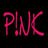 Pixelated pink text 'P!NK' on a black background with scattered dark speckles.