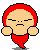 Pixelated character with red hair and red dress shows two expressions: neutral face with closed eyes on left, angry face with open mouth and sweat drops on right.