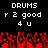 Pixelated text and red flame-like shapes on a black background with repeated 'DRUMS' and numeric phrases.