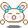 Pixelated bunny head with brown outline, pink cheeks, blue-yellow bows on ears, and cyan drool; four variations show mouth shape changes.