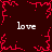 Dark red background with four white 'love' texts and a central red pixelated starburst pattern surrounded by smaller red branching patterns.
