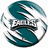 Animated sequence showing a circular teal and white 'Eagles' logo transitioning to a static eagle head silhouette, with background elements shifting from abstract swirls to pixelated crowd scenes.