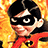 Pixelated image of a character with black mask and red cape against orange background, next to purple with white text