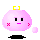 Pixelated pink blob character with yellow crown, black eyes, pink blush marks, and floating pink orbs, shown in multiple expressions and poses.