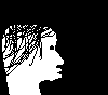 Pixelated black-and-white profile of a person with tangled hair, showing sequential animation frames with text appearing near the mouth.