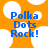 Pixelated orange background with white circular shapes and blue text reading "Polka Dots Rock!" in three lines.