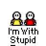 A 3x3 contact sheet of nine animated frames showing two pixelated stick figures with speech bubbles containing text variations like "HE'S STUPID" and "NO, HE'S STUPID!" against a gray background.