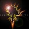 A stylized, abstract shape with glowing golden and brown lines forming a symmetrical, wing-like pattern against a dark background with lens flares.