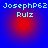 Pixelated text 'JosephP62' and 'Rulz' over red circular gradient on blue background, with visible pixelation and color banding.